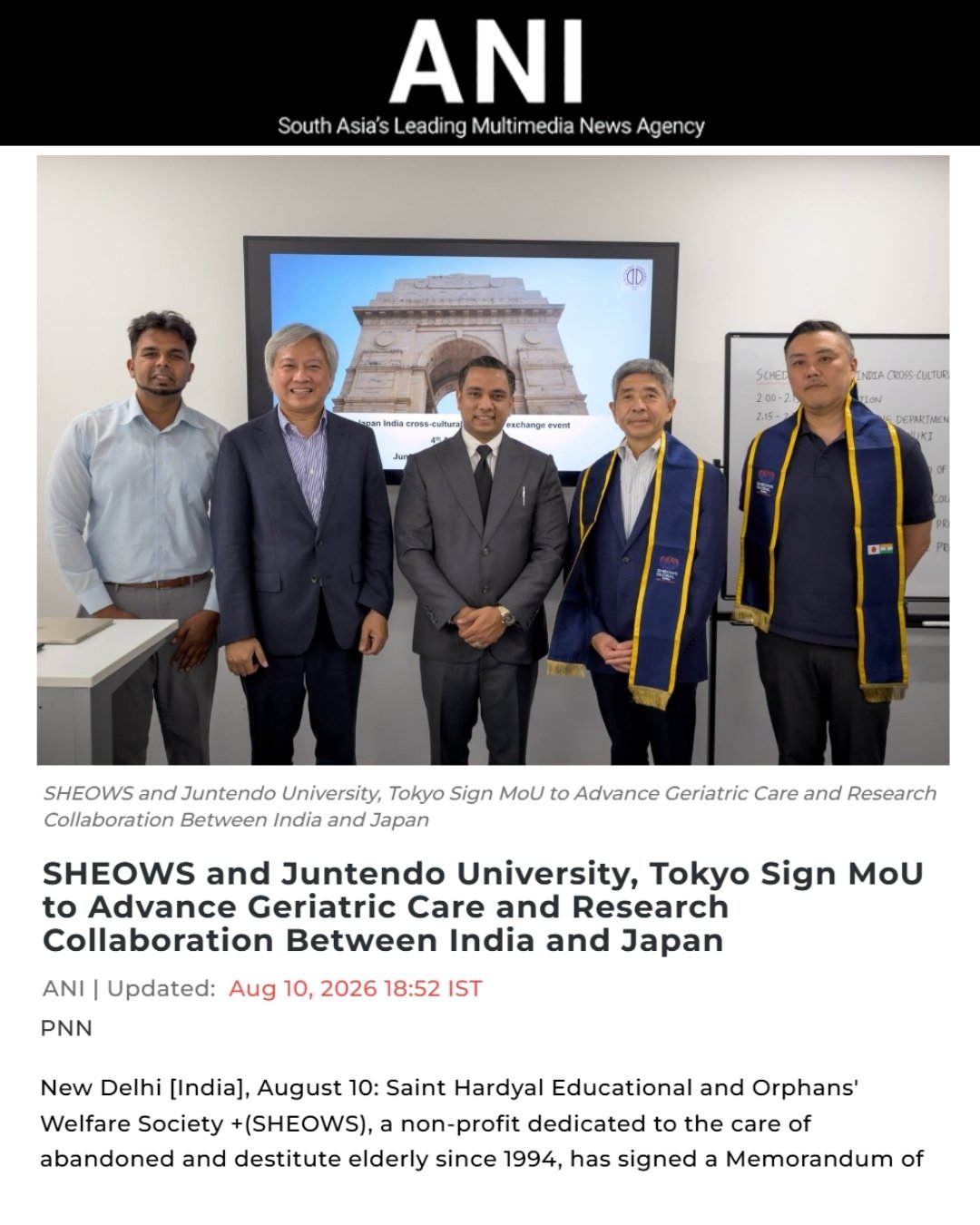 ANI media coverage — SHEOWS MoU with Juntendo University, Japan